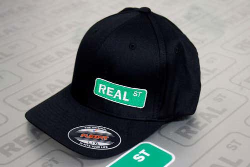 Real Street Performance Hat Curved Bill Black w/ Green & White Logo Fitted