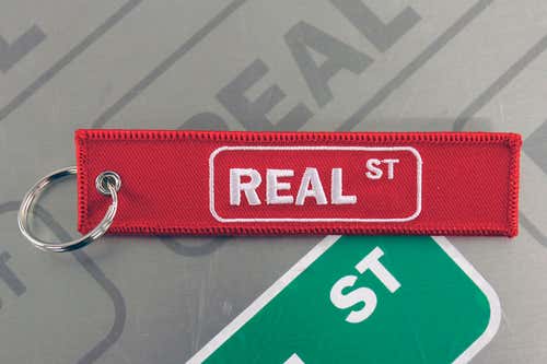 Real Street Embroidered Keychain - Red w/ White Outline Logo Length 5"